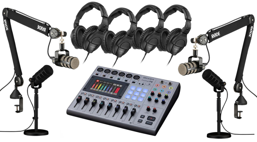 Ensemble Podcast (mixeur, 4 miros Rode avec support et 4 écouteurs)